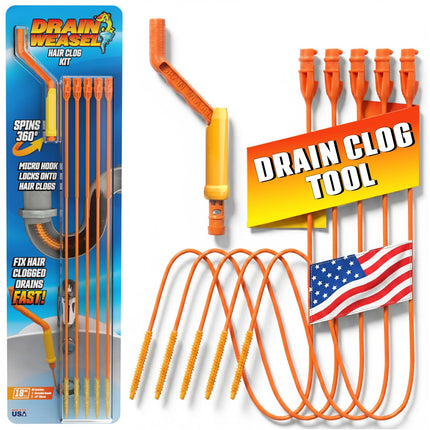 Flexisnake Drain Weasel Hair Clog Remover Kit – Plumbing Snake Auger for Cleaning Shower, Bath Tub, Bathroom Drains with Rotating Handle and 5 Disposable Wands, Made in USA