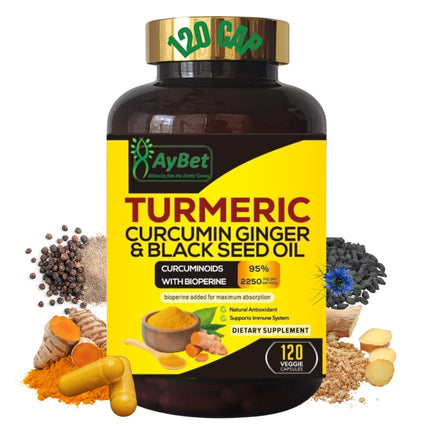 AyBet World 1st.Turmeric Curcumin Ginger and Black Seed Oil, 120 Caps, 2250mg, 95% Curcuminoids, BioPerin Added, Extra Strength,Organic,Halal,Vegan,Support Immune System,Joint Support (120)