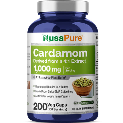 NusaPure Cardamom Capsules, 1000 mg, 200 Veg Capsules (Non-GMO, Vegan)
