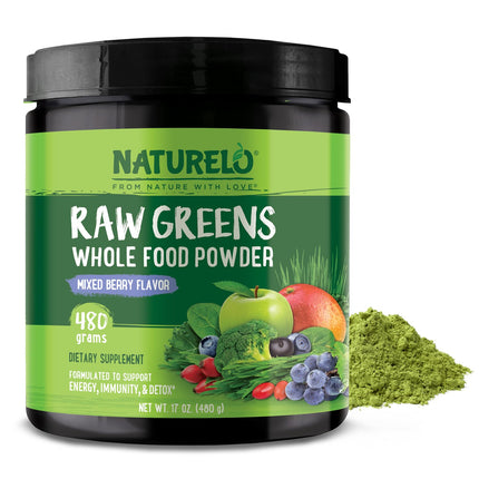 NATURELO Raw Greens Superfood Powder 480 Grams, Mixed Berry - Supports Energy, Immunity and Detox - Includes Spirulina, Wheat Grass and Organic Greens for Whole Food Nutrition