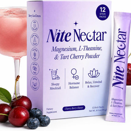Nite Nectar Magnesium Glycinate Sleepy Mocktail Powder – Relaxing Night Drink Mix with Tart Cherry & L-Theanine – Promotes Calm & Deep Sleep – Sugar-Free, Melatonin-Free, Lab Tested – 12 Packets