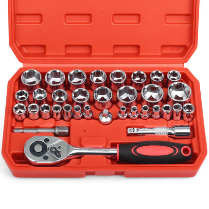 Egofine 34 Pieces 3/8 inch Drive Socket Ratchet Wrench Set, with Socket Set Metric/SAE and Extension Bar for Auto Repairing and Household, with Storage Case