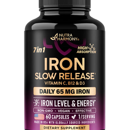 Iron Supplement for Women - Iron 65mg (Ferrous Sulfate 325mg) - Stomach Friendly | Slow Release Iron | High Absorption - Vitamins C, D3, B6, B12 & Folate - Iron Level & Energy Support - 60 Capsules