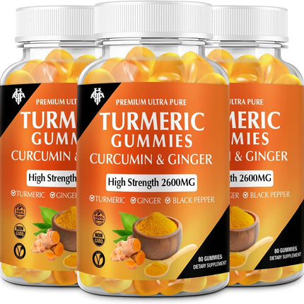 Turmeric Curcumin Gummies (3 Pack) - Turmeric Curcumin Supplements with Ginger & Black Pepper Gummies for Immune Muscle Support Healthy Skin - Vegan, Gluten Free, Low Sugar - for Adults