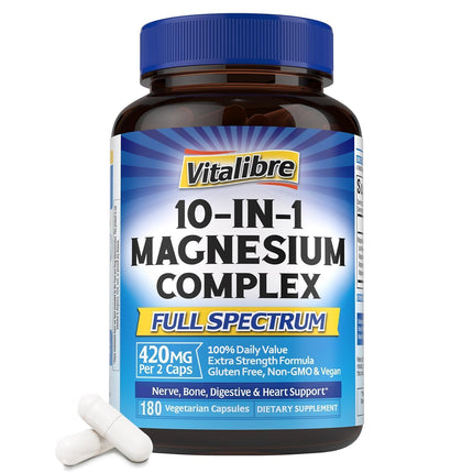 Vitalibre 10 in 1 Magnesium Complex, 420mg Elemental Magnesium | Ultra Strength, Max Absorption | Chelated Magnesium Supplement for Nerves, Bone & Heart Health | Non-GMO, 180 Vegan Capsules