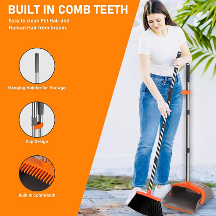 2-Pack is More economical,Upgraded Broom and Dustpan,with 52" Long Handle, Dustpan Teeth with self-Cleaning Function, Indoor and Outdoor Sweeping, Perfect for Home Office (Large Size/Orange /2-Pack)