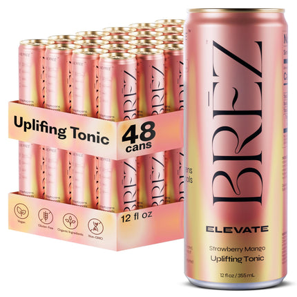 BRĒZ ELEVATE Cordyceps Mushroom Drink, Non-Infused Uplifting Tonic with Cordyceps, Guayusa, Maca & Ginseng, Vegan Adaptogen Drink for Focus, Drive & Mental Clarity, Strawberry Mango, 12 fl oz, 48 Pack