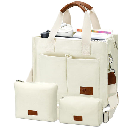 KKXIU Large Canvas Tote Bag for Women with Zipper and Compartments Crossbody Work Bible Messenger Purse Bag Set With Pockets 2pcs - Beige