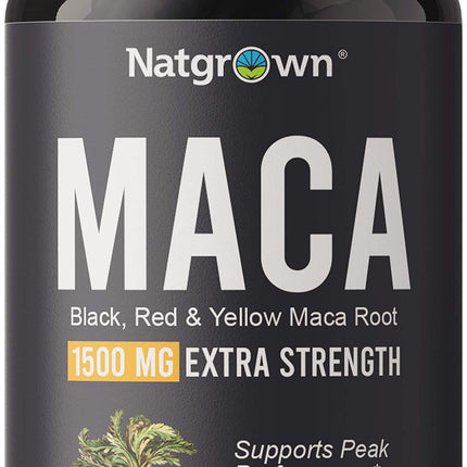 Natgrown Organic Maca Root Powder Capsules - Black, Red & Yellow - 1500 mg per Serving - Gelatinized Peruvian Maca Supplement - Non-GMO, Gluten-Free, Vegan - (120 Count)