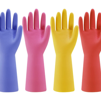 Rubber Kitchen Dishwashing Gloves - 4 Pairs Colorful Reusable Household Cleaning Gloves for Washing Dishes and Cleaning Tasks, Flexible Long-lasting and Non-Slip (Medium, Blue+Pink+Yellow+Red)