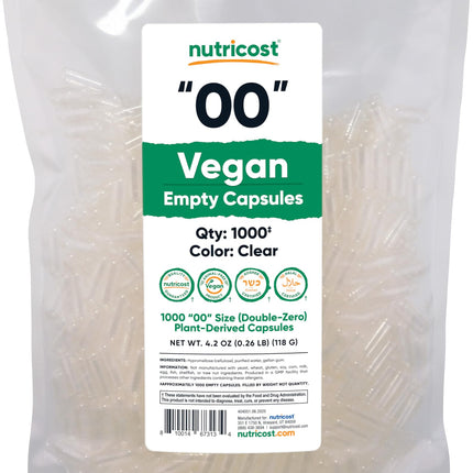 Nutricost Empty Capsules Size 00 Vegan - 1,000 Clear Empty Plant-Based Capsules - Kosher Certified, Halal Certified, Non-GMO, Soy Free, Gluten Free, Vegetarian