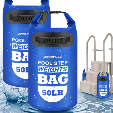 2 Pack 50lb Heavy Duty Pool Ladder Weights, Universal Above Ground Pool Step Sand Bags with Handles, 500D PVC Durable Waterproof & Foldable Sandbags for Swimming Pool Stairs (Navy Blue)