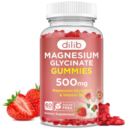dilib Magnesium Glycinate Gummies 500mg - Magnesium Supplement with Vitamin B6 for Adults & Magnesium for Kids - Calm Magnesium for Sleep, Mood, Muscle Support - Strawberry Flavor, 60 Gummies