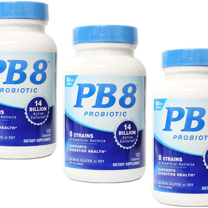 PB8 Probiotic - 3 Pack - 120 Capsules Per Bottle - Supports Digestive Health - 14 Billion CFU - 8 Beneficial Strains - No Milk, Gluten, or Soy