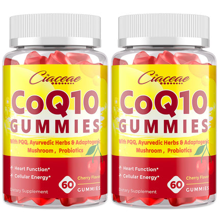 CoQ10 Gummies with PQQ - 400 MG Coenzyme Q10 High Potency, Enhanced with Ayurvedic Herbs, Adaptogenic Mushroom Blend & Probiotics for Heart, Brain, Energy, Immunity, Cherry Flavor, 120 Vegan Gummies