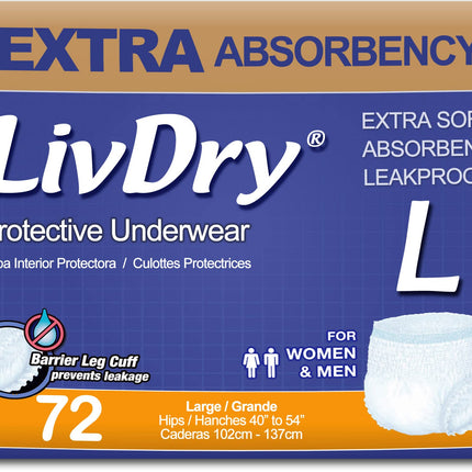 LivDry Adult Incontinence Underwear, Extra Absorbency Adult Diapers, Leak Protection, Large, 72-Pack