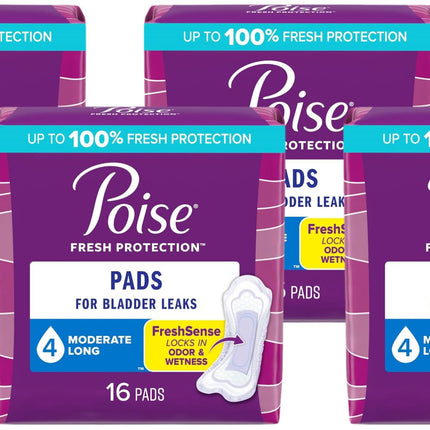 Poise Incontinence Pads & Postpartum Incontinence Pads, 4 Drop Moderate Absorbency, Long Length, 16 Count, Packaging (Pack of 4)