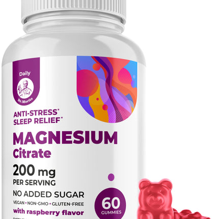 DR. MORITZ Magnesium Citrate Gummies for Adults - Sugar-Free Calm Magnesium Gummies - Supports a Healthy Stress Response - Raspberry Flavor - Non-GMO, 200 mg (60 Count)