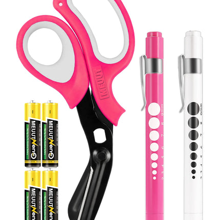 MEUUT 3 Pack Pen light & Medical Scissors-One Pantented Trauma Scissor Two LED Penlight with Pupil Gauge -8" Bandage Scissor for Nurse Doctor EMT