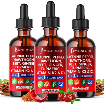 Cayenne Pepper Supplement Liquid Drops + Hawthorn Berry, Vitamin D3 K2 Beet Root Powder, Ceylon Cinnamon, Turmeric Curcumin, Organic Panax Ginseng - 6oz
