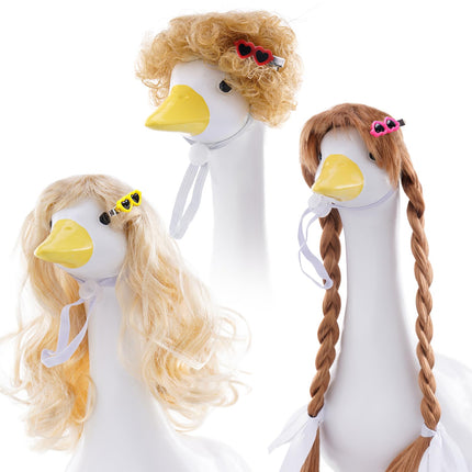 TAKEALOOKO 3 Pcs Porch Goose Wigs with Hair Clips - Cute Goose Outfits Braid Wig Accessories Garden Geese Statue for Funny Lawn Outdoor Patio Yard Goosey Decoration