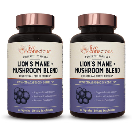 Live Conscious Lions Mane Mushroom Supplement Capsules for Brain Support w/Lion's Mane, Cordyceps, Reishi, and Turkey Tail Mushrooms - Cognitive Memory Supplement for Brain (2-Pack)