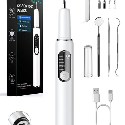 RELACS 7000 Plaque Remover for Teeth, Tartar Remover for Teeth, Dental Calculus Remover, Teeth Cleaning Kit 5 Speed Modes with 3 Replaceable Heads, with LED Light.