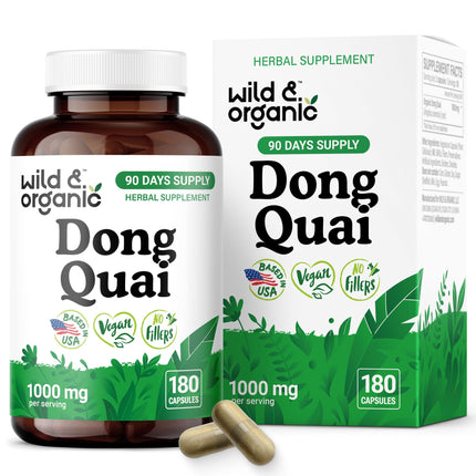 Wild & Organic Dong Quai Capsules 1000 mg - Menopause Supplements for Women - Dong Quai Root Supplement - Angelica Root Herb - 90-Day Supply - Non-GMO, Vegan, Gluten-Free - 180 Count