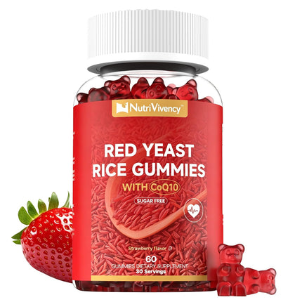 NutriVivency Red Yeast Rice with Coq10 Gummies, Red Yeast Rice 2400mg with Coq10 200mg Supplements, Sugar Free, Vegan, Non-GMO, Strawberry Flavor, 60 Counts