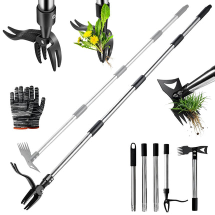 HWLANTU Stand Up Weed Puller Tool with 58" Adjustable Long Handle, 2 in 1 Heavy Duty Manual Weeder & Garden Hoe, 4-Claw Steel Head Weed Remover with Gloves for Yard Lawn Patio Flower Bed