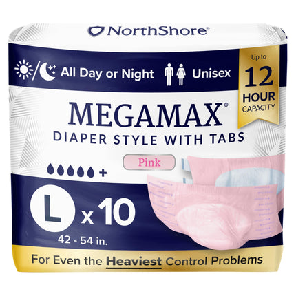 NorthShore MegaMax 12-Hour HBL Adult Diapers for Heavy Bladder Leaks, Large, 10 Count, Pink, 42-54 inches, Tab-Style Incontinence Underwear for Men, Women & Teens