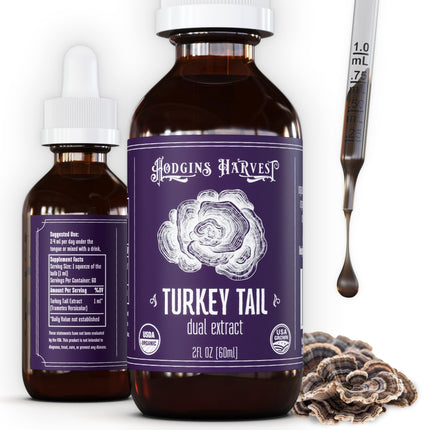 Hodgins Harvest Organic Turkey Tail Mushroom Tincture - Extra Concentrated Dual Extract Antioxidant-Rich Mushroom Drops Supplement for Overall Wellness - Made in USA - 2 fl oz