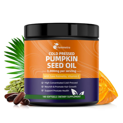 Femmetra Pumpkin Seed Oil Capsules with Saw Palmetto, High Concentrated Pumpkin Seed Oil Supplement for Hair Growth, Urinary, Bladder & Prostate Health, Cold Pressed, Vegan, Non-GMO, 180 Softgels