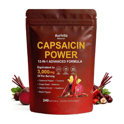 Aurivita Natural Capsaicin Softgels,auri Cayenne Pepper softgels， with Vitamin E, D3+K2, Grape Seed, Hawthorn, Beet Root & Berberine Extracts 240 Capsules