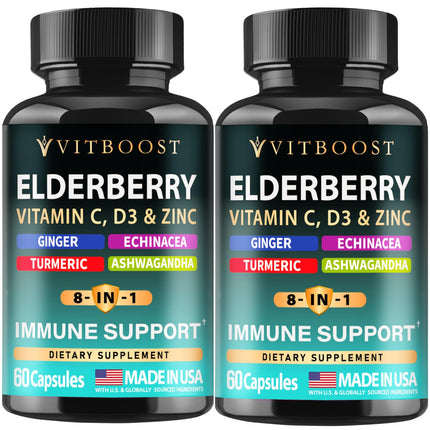 2 Pack Elderberry Immune Support Supplement 8-in-1 Formula with Echinacea, Vitamin C & Zinc, Vitamin D 5000 IU, Turmeric, Ginger, Ashwagandha – 60 Capsules Each