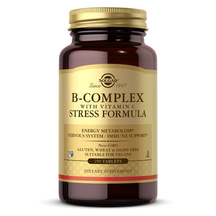 Solgar B-Complex with Vitamin C Stress Formula, 250 Tablets - Energy Metabolism, Nervous System & Immune Support - Non-GMO, Vegan, Gluten Free, Dairy Free, Kosher - 125 Servings