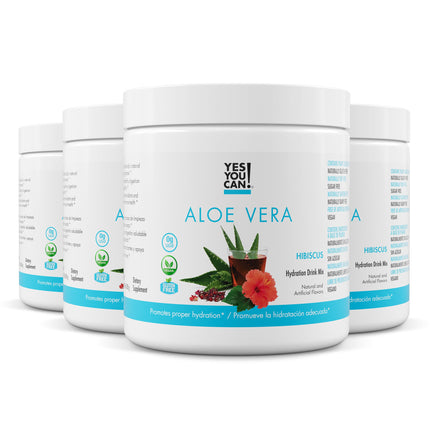 Yes You Can! Aloe Vera Powder Drink Mix - Hydration Booster Infused with Pure Organic Aloe Vera Extract - Made in USA - Antioxidant Rich - Hibiscus Flavor - 40 Servings Per Canister (4 Pack)