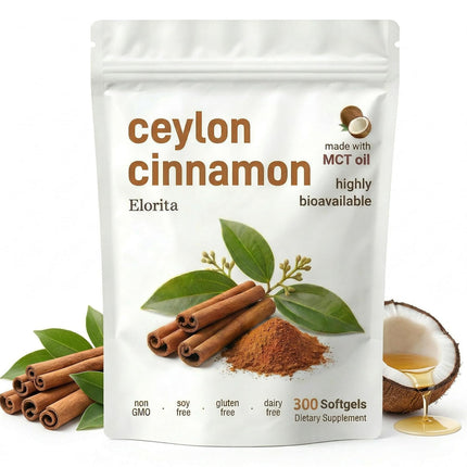 Elorita Ceylon Cinnamon Soft Gels with MCT Oil - Highly Bioavailable Herbal Extracts, True Ceylon Cinnamon Supplement, 300 Softgels (1PCS)