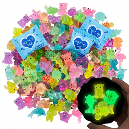 Brio Supply 200 Pcs Mini Resin Animals Blind Bags, Glow in The Dark & Glitter Mystery Animals, Individually Wrapped Tiny Luminous Miniatures for Fairy Garden, Micro Landscape, DIY Crafts