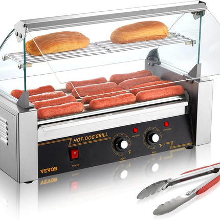 VEVOR Hot Dog Roller 5 Rollers 12 Hot Dogs Capacity, 750W Stainless Sausage Grill Cooker Machine with Dual Temp Control Glass Hood Acrylic Cover Bun Warmer Shelf Removable Oil Drip Tray ETL Certified