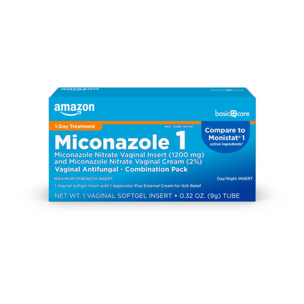 Amazon Basic Care Miconazole Nitrate Vaginal Insert 1200 mg and Miconazole Nitrate Cream 2%, 1-Day Treatment, Relieves Itching, Vaginal Yeast Infection, 0.32 Ounce, 1 Count
