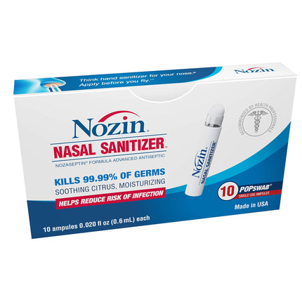 Nozin® Nasal Sanitizer® Antiseptic Popswab® Ampules 10ct Pack | Kills 99.99% of Germs | Alcohol Based 62%