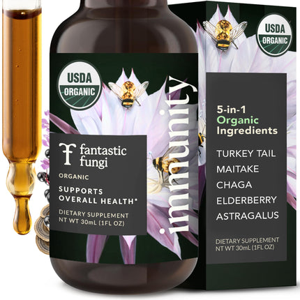 Fantastic Fungi Mushroom Extract Drops with Turkey Tail Mushroom Extract, Chaga, Maitake, Elderberries & Astragalus - Immunity Elixir - 5-in-1 Organic Immune Support Supplement, 30 Servings, 1 fl oz