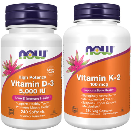 NOW Foods Supplements, Vitamin D-3 5,000 IU, High Potency, Structural Support*, 240 Softgels with Now Supplements, Vitamin K-2 100 mcg, Menaquinone-4 (MK-4), 250 Veg Capsules