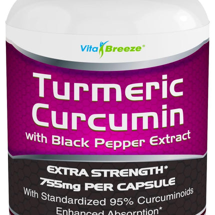 Turmeric Curcumin Complex with Black Pepper Extract - 755mg per Capsule, 180 Veg. Caps - Contains Piperine (for Superior Absorption and Tumeric Bio-Availability) and 95% Standardized Curcuminoids