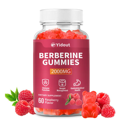 Yidout Berberine Gummies 2000mg-Natural High Potency Berberine HCL Supplement - Immune System & Metabolism Support - Vegan, Non-GMO - Delicious Raspberry Flavor (60 Count（Pack of 1）)