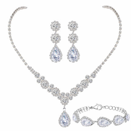 Paxuan Silver / Gold Rhinestone Crystal Wedding Bridal Bridesmaids Earrings Bracelet Set for Women Brides Bridesmaids Crystal Rhinestone Jewelry Set for Wedding Bridal Prom Pageant (Style2 - Necklace + Earrings + Bracelet(Silver Plated White Cubic Zirconi