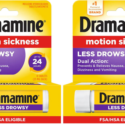 Dramamine Motion Sickness Relief Less Drowsey Formula, 8 Count (Pack of 2)