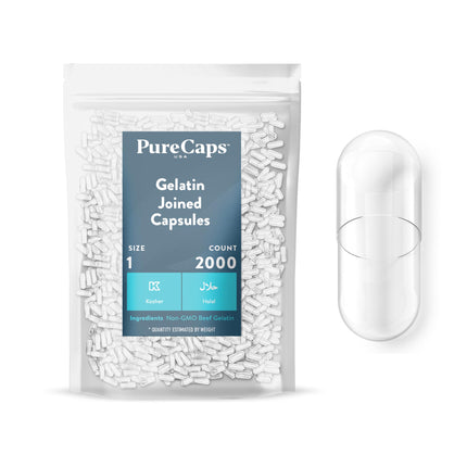 PureCaps USA - Empty Gelatin Capsules Size 1| 2,000 Joined Pills| Clear| Non-GMO Certified | SLS, Gluten, Preservative Free