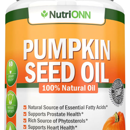 NutriONN Pumpkin Seed Oil - 1000MG - 180 Softgels - Cold-Pressed Natural Pumpkin Seed Oil - Natural Source of Essential Fatty Acids - Great for Hair Growth, Prostate Health and GI Tract